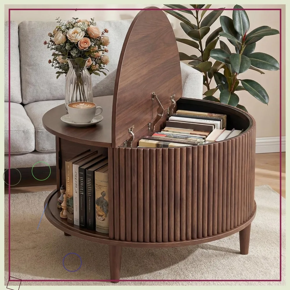 Round Coffee Table with Storage, Fluted Mid Century Modern Design, 2-Tier Rustic Wood Desktop, Sliding Cabinet Door, Brown