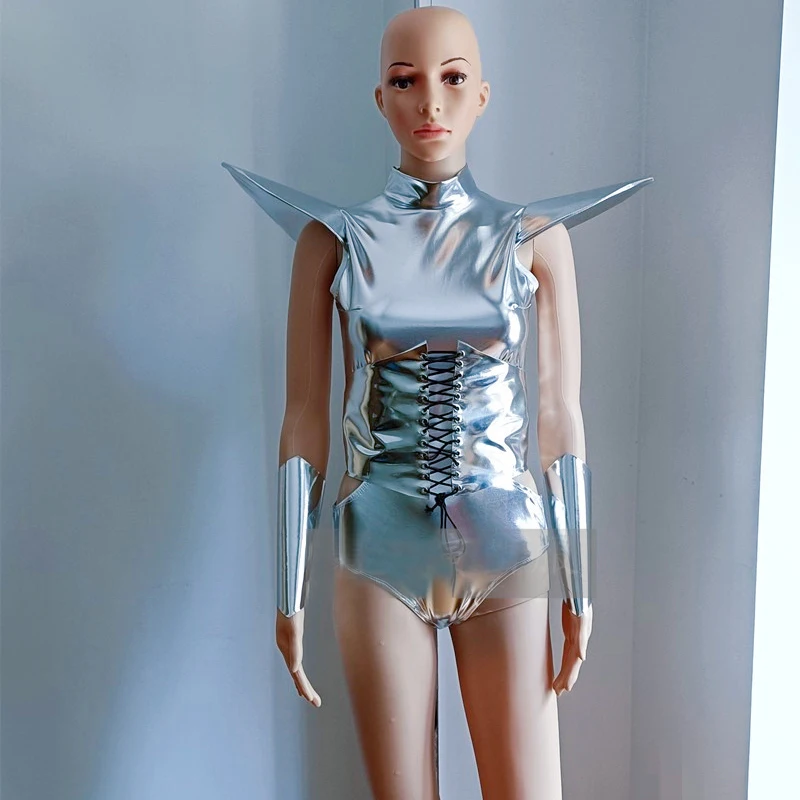 

Silver Laser Flying Shoulder Bodysuit Sexy Gogo Dance Costume Women Rave Clothes Nightclub Bar Stage Pole Dance Outfit XS9812