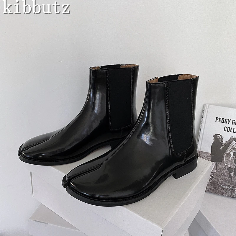 Botas masculinas de couro PU preto dividir toe, dedo do pé redondo, deslizamento em botas de Chelsea, sapatos retrô casuais masculinos Derby, novíssimo