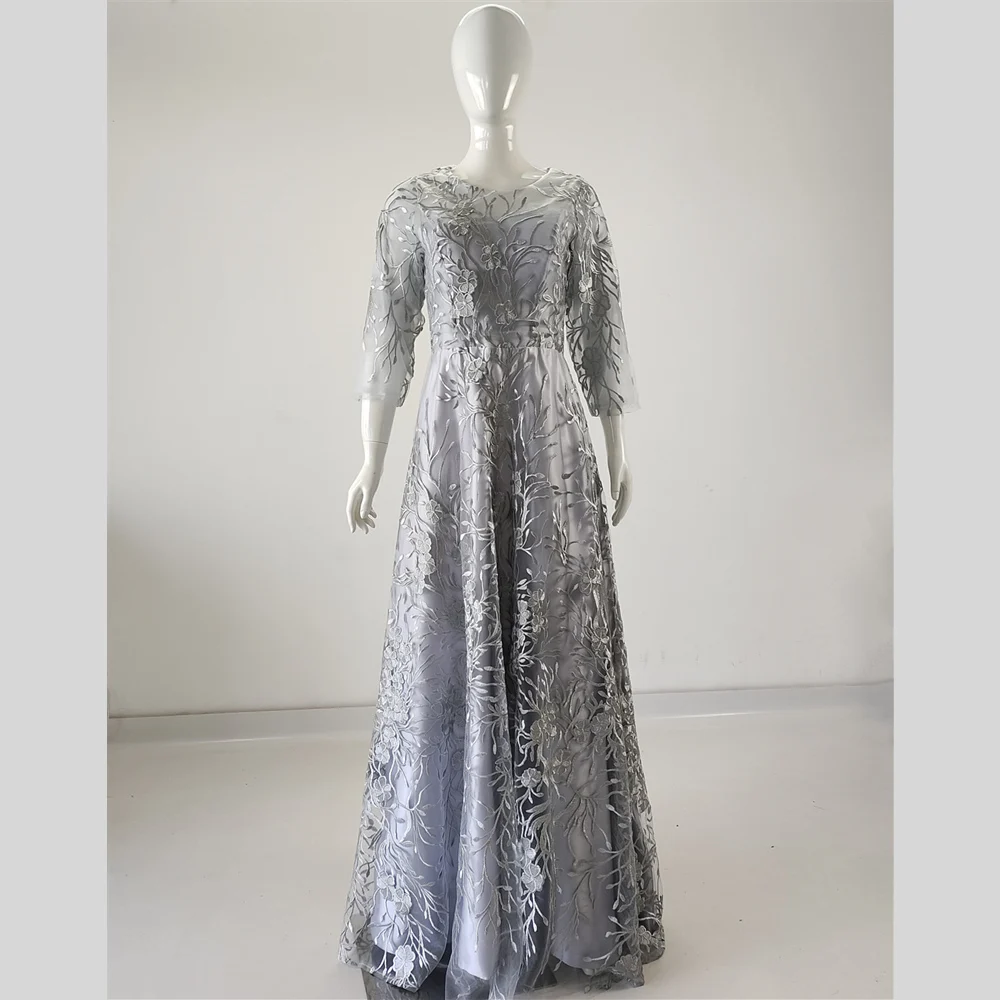 Real Photo Evening Dress Gray Embroidery Half Sleeves O-neck A-line Floor length Zipper Plus size Women Formal Party Gown LF177