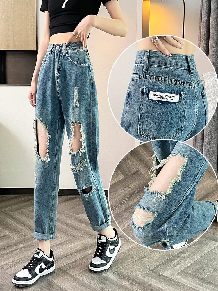 

Broken hole dad jeans women summer new high waisted radish harem pants loose fashion street personality trendy pants