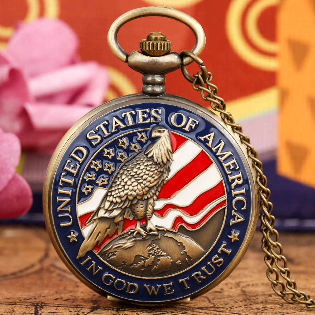 Vintage Bronze United States of America Necklace Pendant Best Collectibles Pocket Watch Cool Clock Gift for Men Male Boys