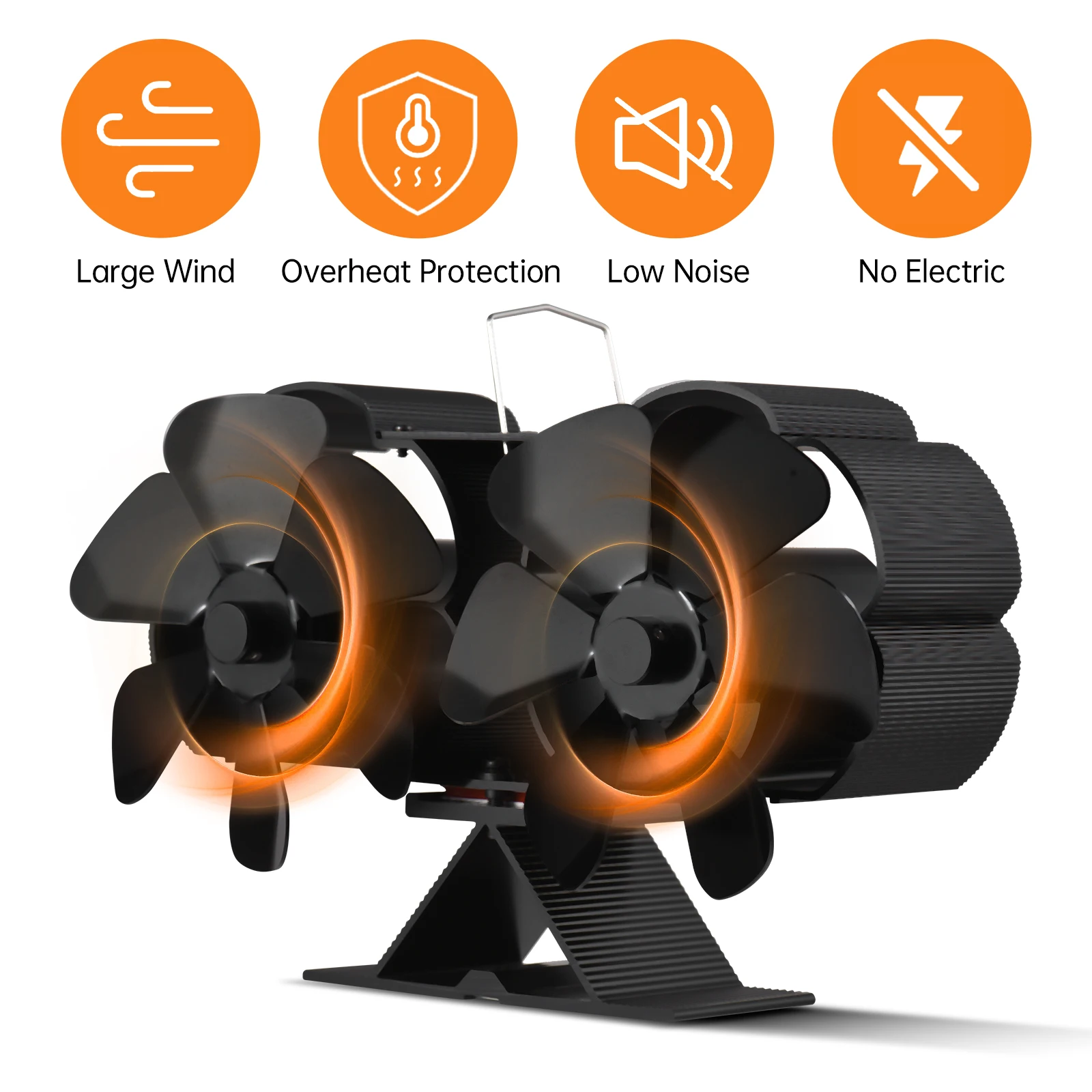 Dual Head 6 Blade Heat Powered Stove Fan with Carrying Handle and Overheating Protection Portable Heat Fan