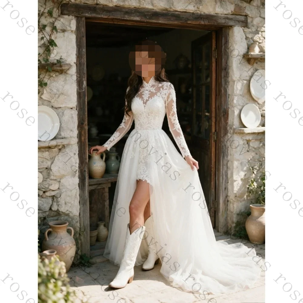 Customized Bohemian Lace High Front Low Wedding Dress 2026 Elegant Transparent Collar Chiffon Bridal Gown Suitable for Parties