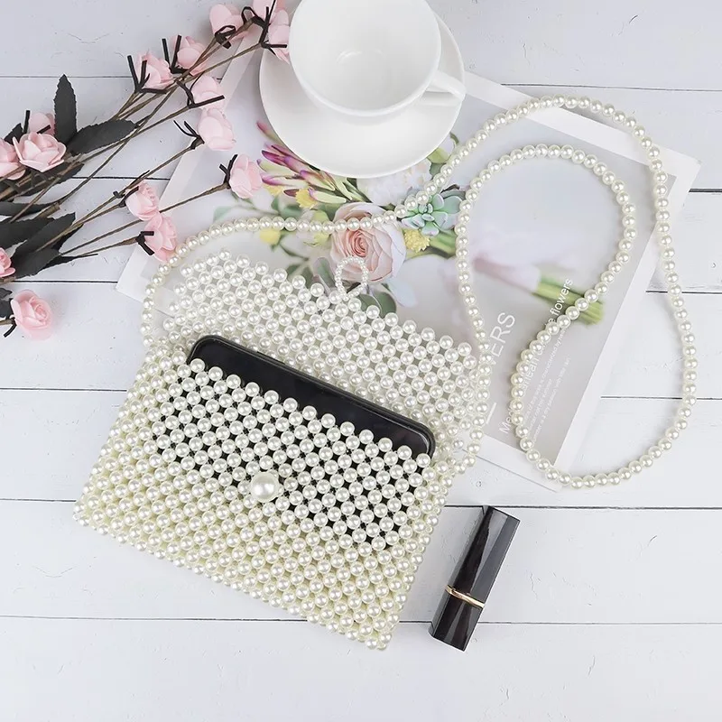 2024 DIY Pearl Woven Crossbody Bags for Women Girls Coin Pouch Handbags Ladies Small Wallet Phone Purse Shoulder Bag