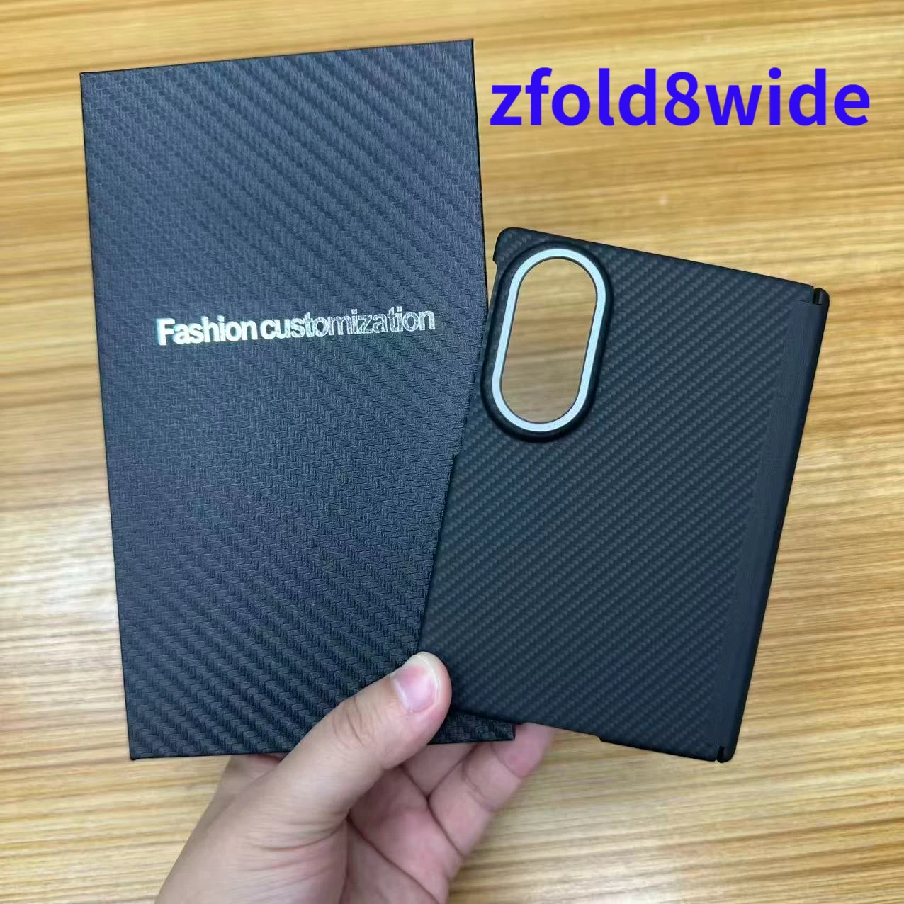Magnetic Hinge Flip Case for Samsung Z Fold 8 Wide with Metal Ring Design, Made from 600D Aramid Carbon-Fiber Textured Material