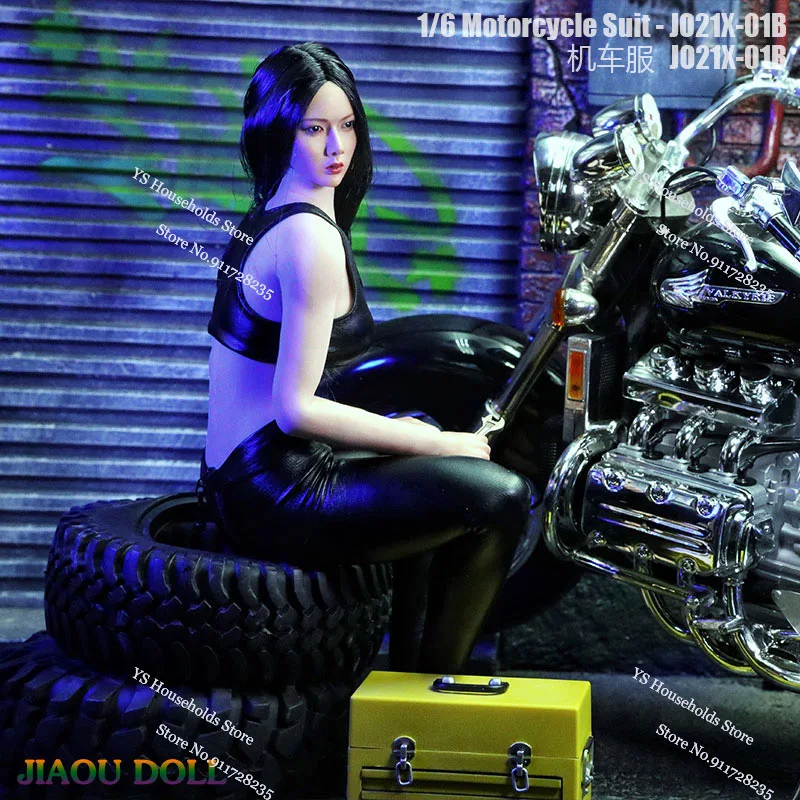 JO21X-01 1/6 Scale Women Motorcycle Girl Suit Sexy Faux Leather Tanks Tops Vest Tight Trousers Set For 12'' Action Figure Body