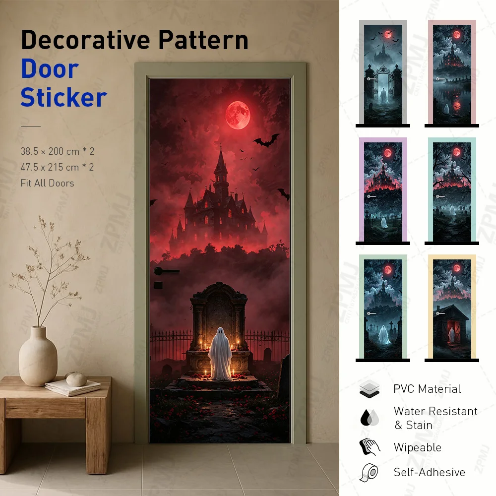 PVC Self‑Adhesive Door Decal, Spooky Ghost Red Moon Castle, Halloween Waterproof Wipeable Sticker for Bedroom Home Door Makeover