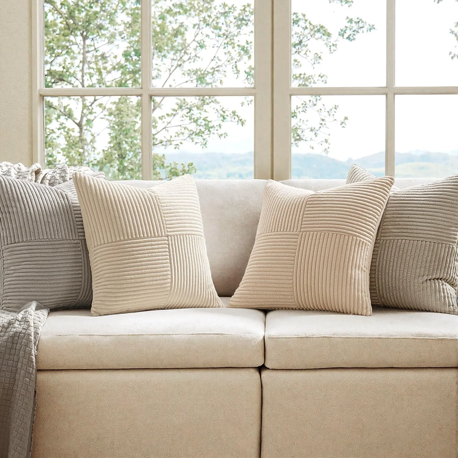 Neutral Decorative Throw Pillow Covers for Couch Sofa Modern Farmhouse Soft Corduroy Cushion Cases Striped Patchwork Home Decor