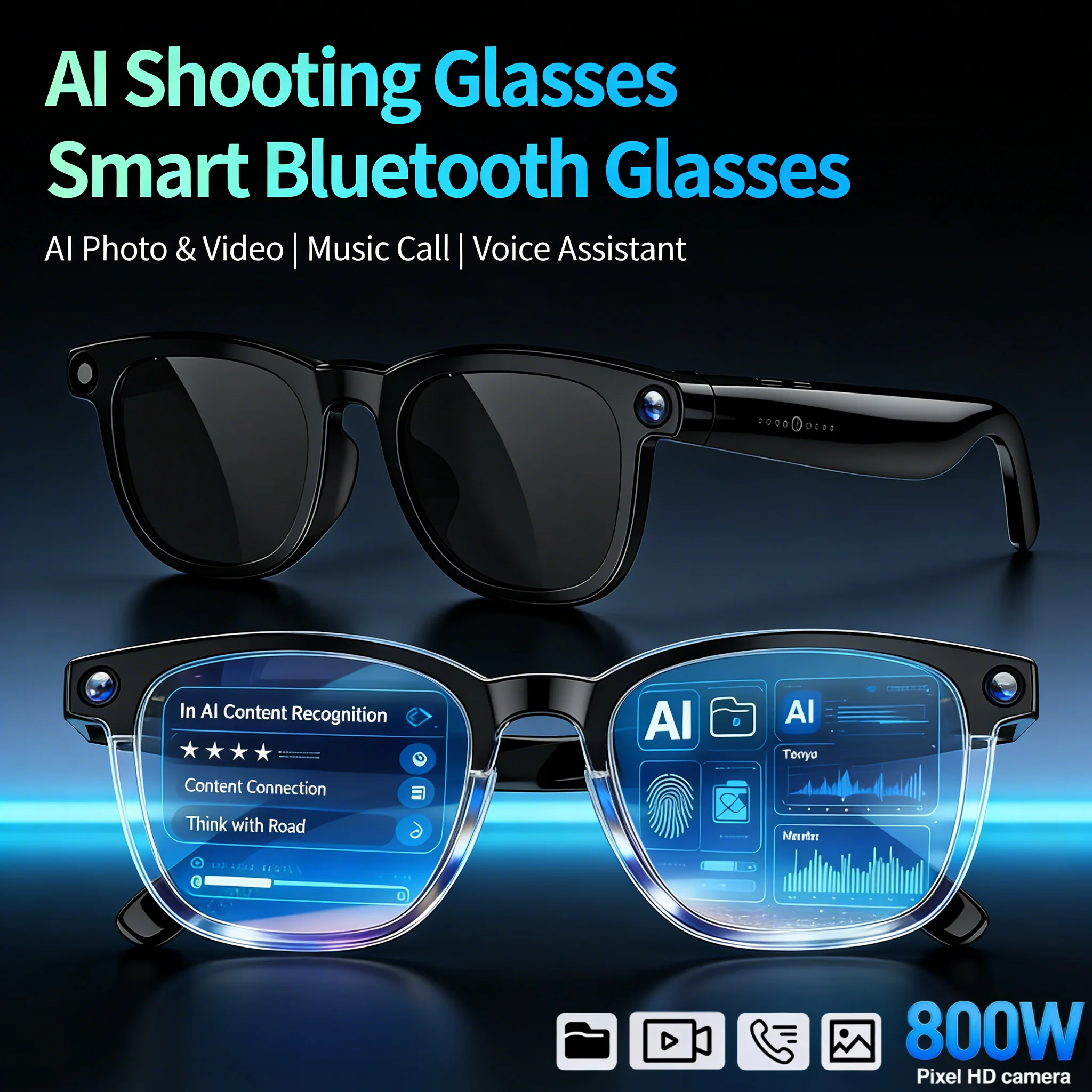 

AI Smart Glasses 800W pixel AI Shooting Camera HD Photo Video Voice Call Translation Waterproof Bluetooth Outdoor AI Glasses