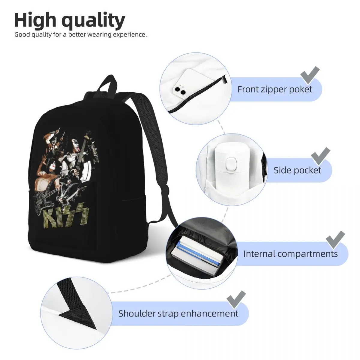 Kiss Rock Band Retor Backpack Elementary High College School Student Bookbag Teens Daypack Gift