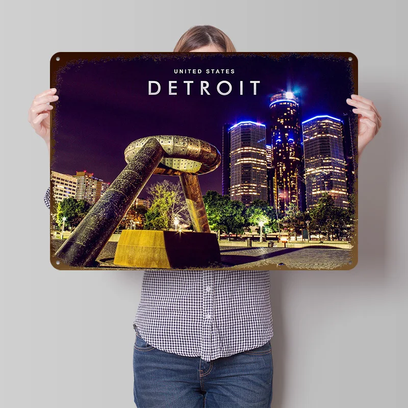 Detroit City Night Poster Customized Vintage Metal Signs Wall Art Retro Tin Plaque for Gaming Room Decoration Cozy House Home