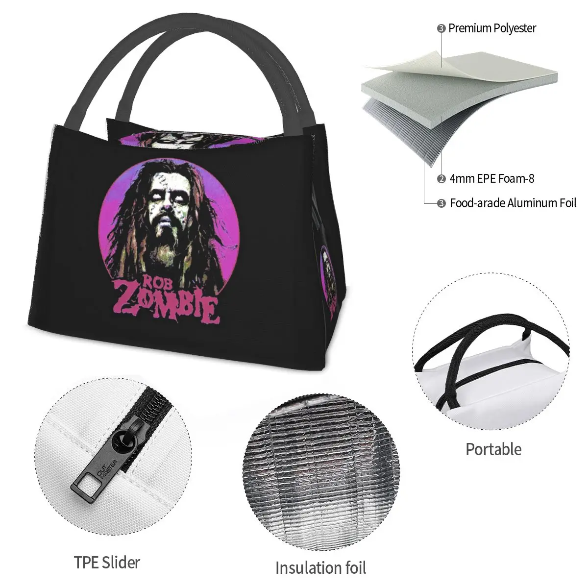 Vintage Rob Zombie Band Kunst Lunch Taschen isoliert Bento Box tragbare Lunch Tote Picknick Taschen Kühler Thermo tasche für Frau Büro