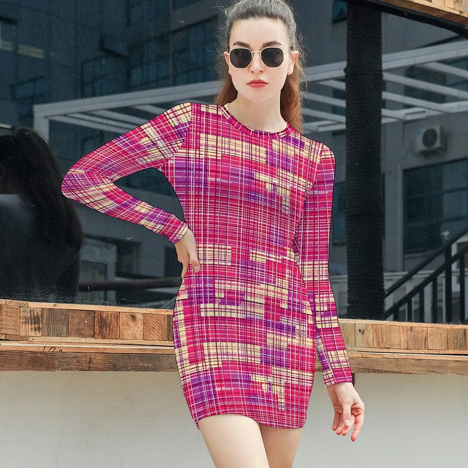 Contrast Color Dress Woman Pink And Purple Street Fashion Bodycon Dress Spring Long Sleeve Sexy Dresses Printed Big Size Vestido