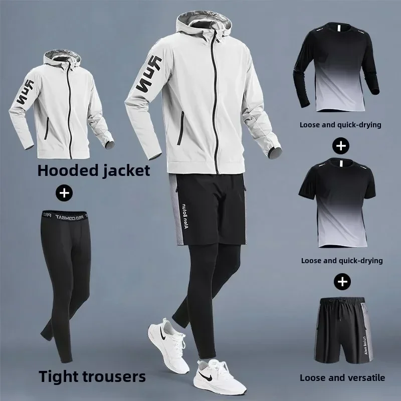 Men's Sportswear 5pcs Set Running Training Wear Quick-Dry Clothes Runs Cycling Tights for Spring Autumn Sports Fitness Clothing