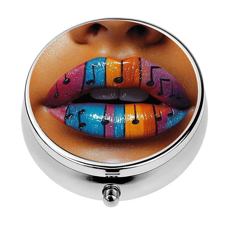 A compact travel pill box with a three-compartment design and a music theme. This portable medicine box is suitable for placing in a purse or handbag, and can be used as a pill organizer, making it a unique gift for travel and everyday use.