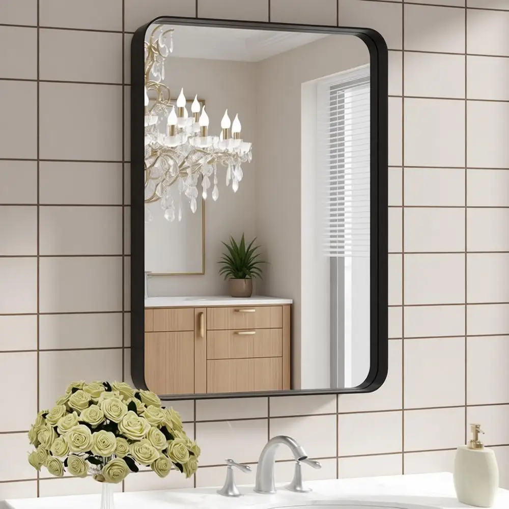 

Rounded 22x30 Inch Matte Black Vanity Mirror, Rust-Resistant, Horizontal or Vertical Mount
