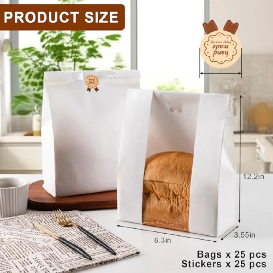 25 قطعة من أكياس الخبز الورقية أكياس خبز كبيرة من العجين المخزون لتخزين مخبز الخبز المنزلي مع نافذة Iludes 25 قطعة ختم التسمية Sti 13. #2