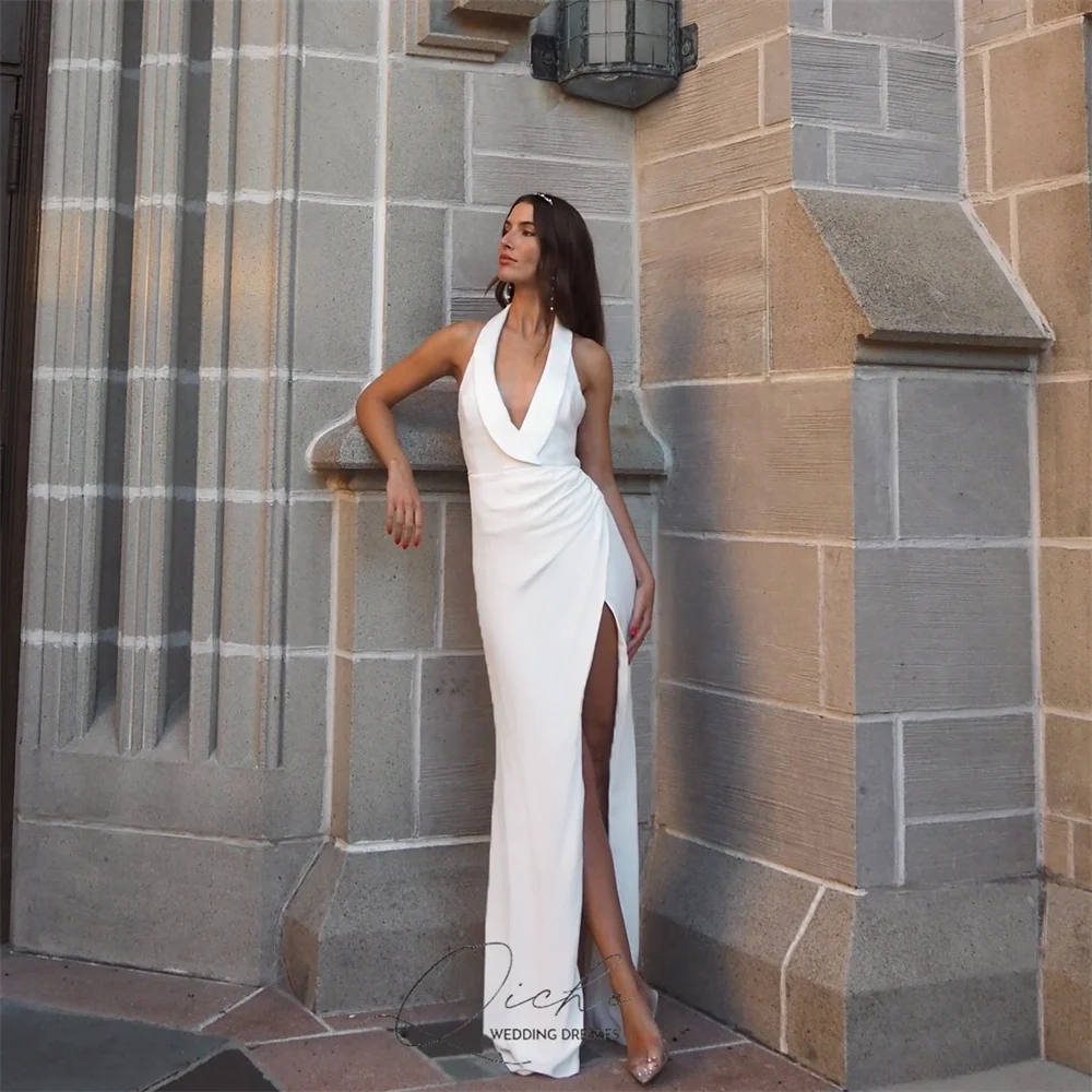 

QICHE Sexy Deep V-Neck Halter Mermaid Wedding Dresses Sleeveless Open Back High Side Split Pleat Vestidos De Novia Customized