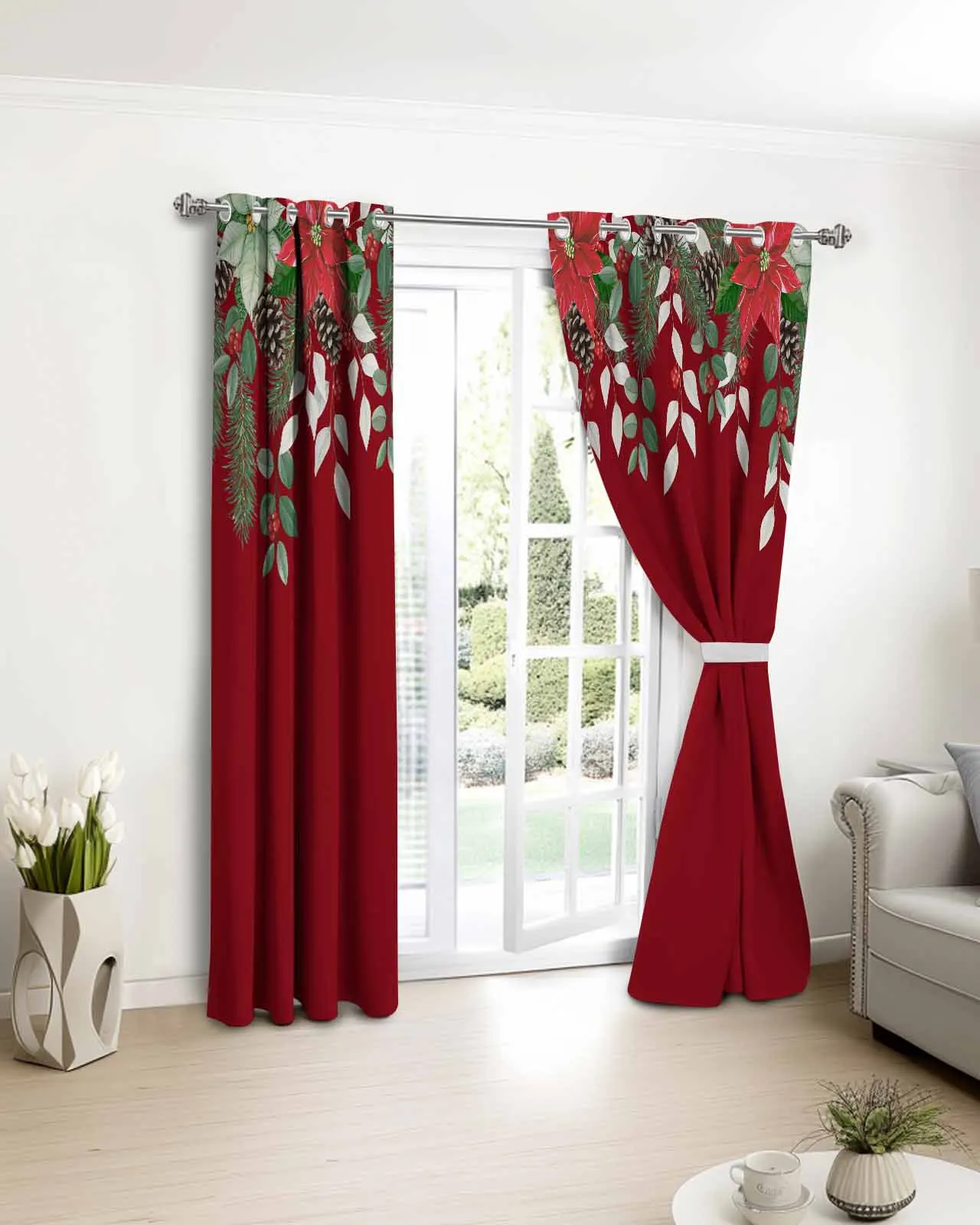 

2pcs, 1 panel Red Christmas Pine Branch Polyester Window Curtains For Living Room Kitchen Bedroom Drapes