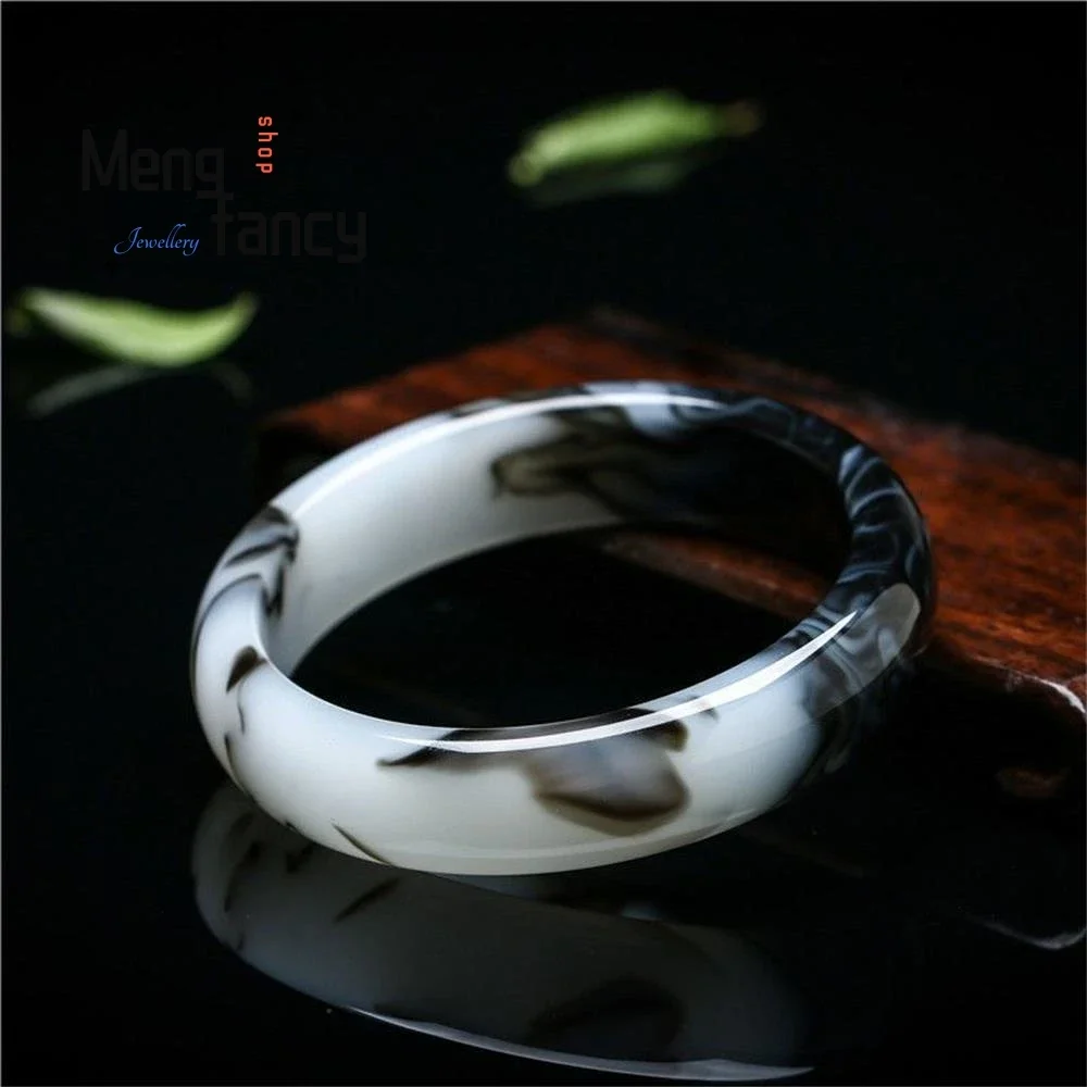 

Natural Hetian Jade Black and White Floating Flower Bangle Exquisite High-grade Luxury Quality Fashion Fine Jewelry Holiday Gift