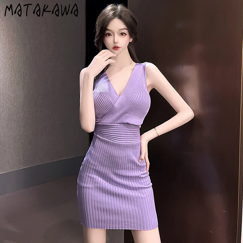 Matakawa Knitted V Neck Women Dresses Criss-Cross Solid Spring Summer Sexy Vestidos Muejr High Waist Fashion Retro Mini Dress