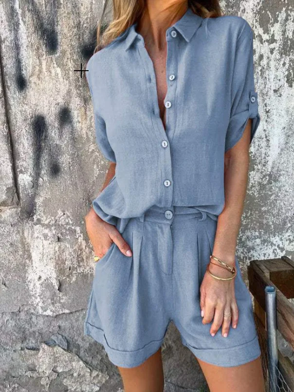 Casual Clothing Cotton Linen Blouse Shorts Set Solid Loose Short Sleeve Top Two-piece Set Fashion