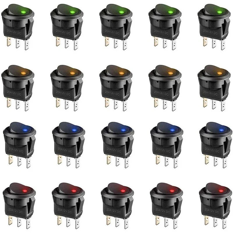 10pcs/lot On-Off Control 4 Colors Push Button Switch 3 Pin 12V 20A Amps Car Truck Rocker Round Toggle LED Switch