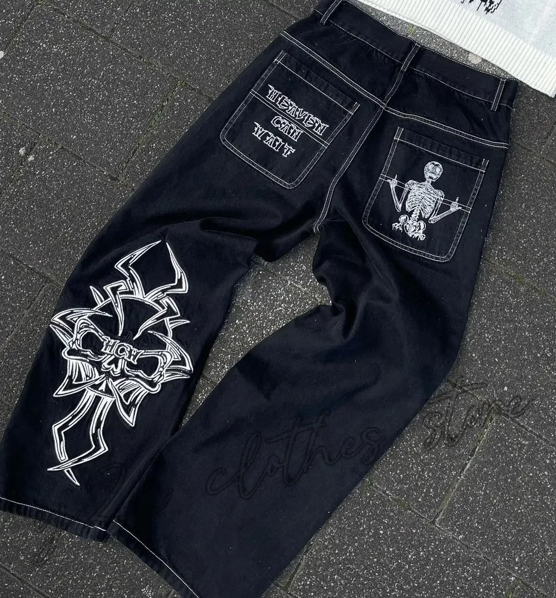 Y2K Jeans For Men Harajuku Retro Skull Graphic Baggy Jeans Black Pants Punk Rock Hip Hop Gothic Wide Leg Trousers Streetwear