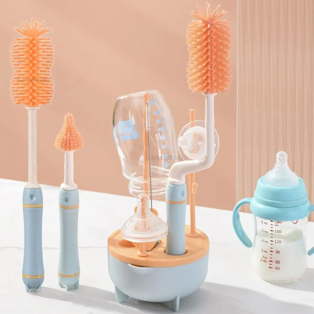 3Pcs/set 360-degree Rotating Baby Bottle Brush Long Handle with Base Cleaning Brush Set Combination Silicone Drying Rack