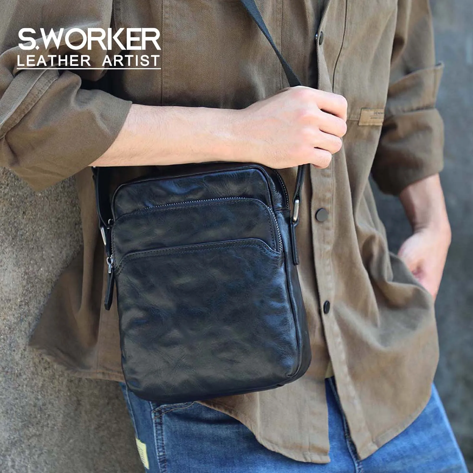 S.WORKER Vintage Vollnarbenleder Herren-Umhängetasche Echtleder Crossbody-Tasche Handgefertigte Leder-Messenger-Tasche für Männer – Detail 2
