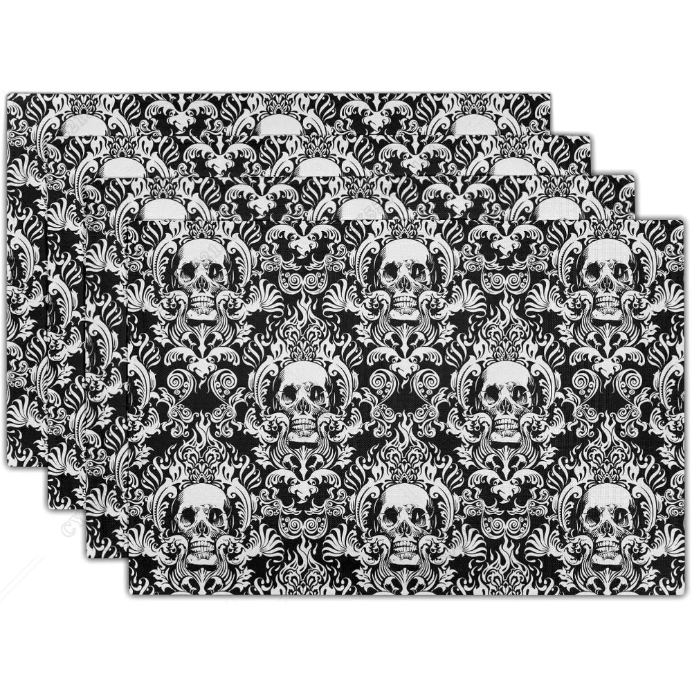 Gothic Skull Placemats, Halloween Skeleton Decorative Linen Place Mat, Spooky Day Of The Dead Table Mats For Kitchen Dining