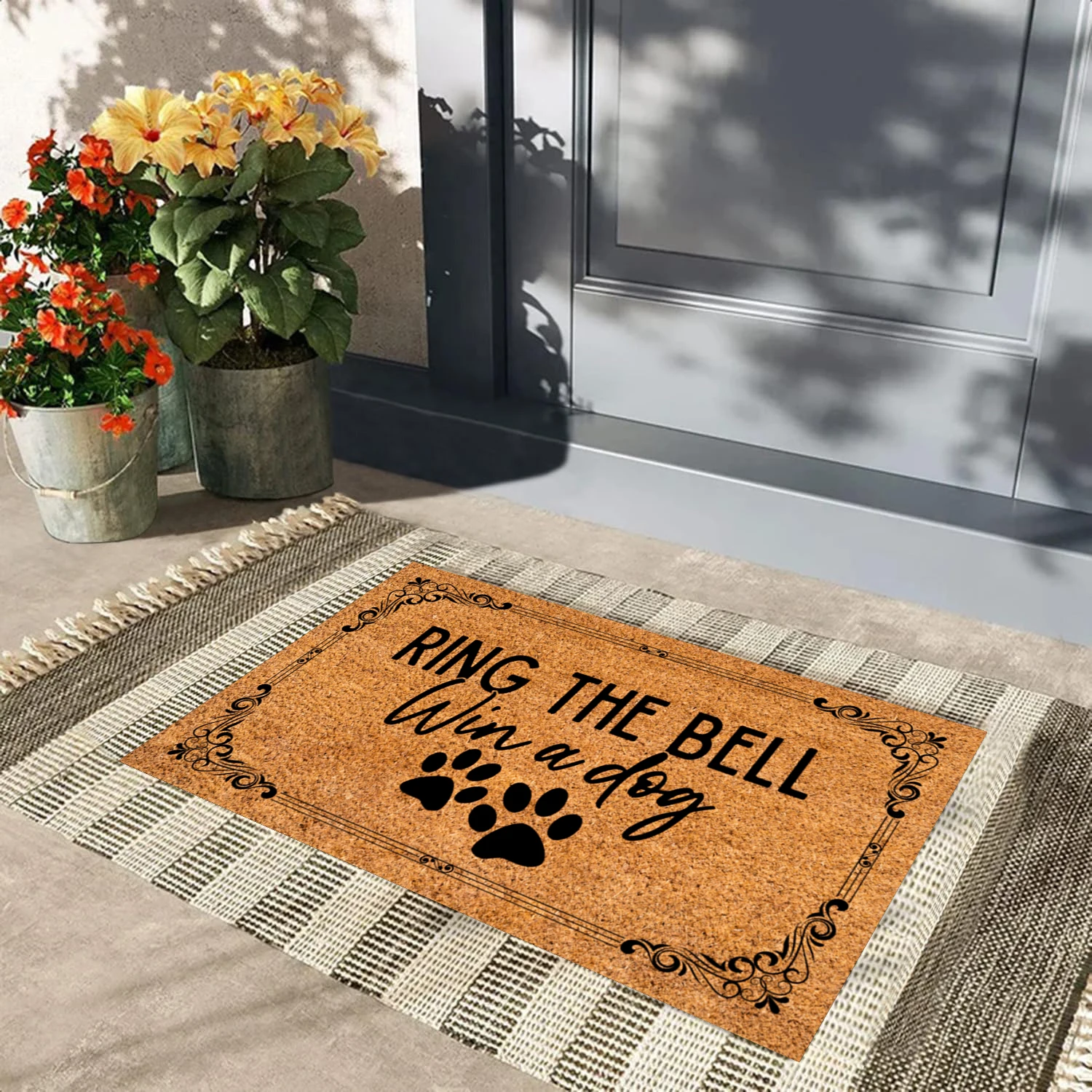 

Ring The Bell Win A Dog Door Mats Rubber Backing Carpet Anti-Slip Funny Entrance Doormat Outdoor Carpet Porch Sign Kitchen Rugs