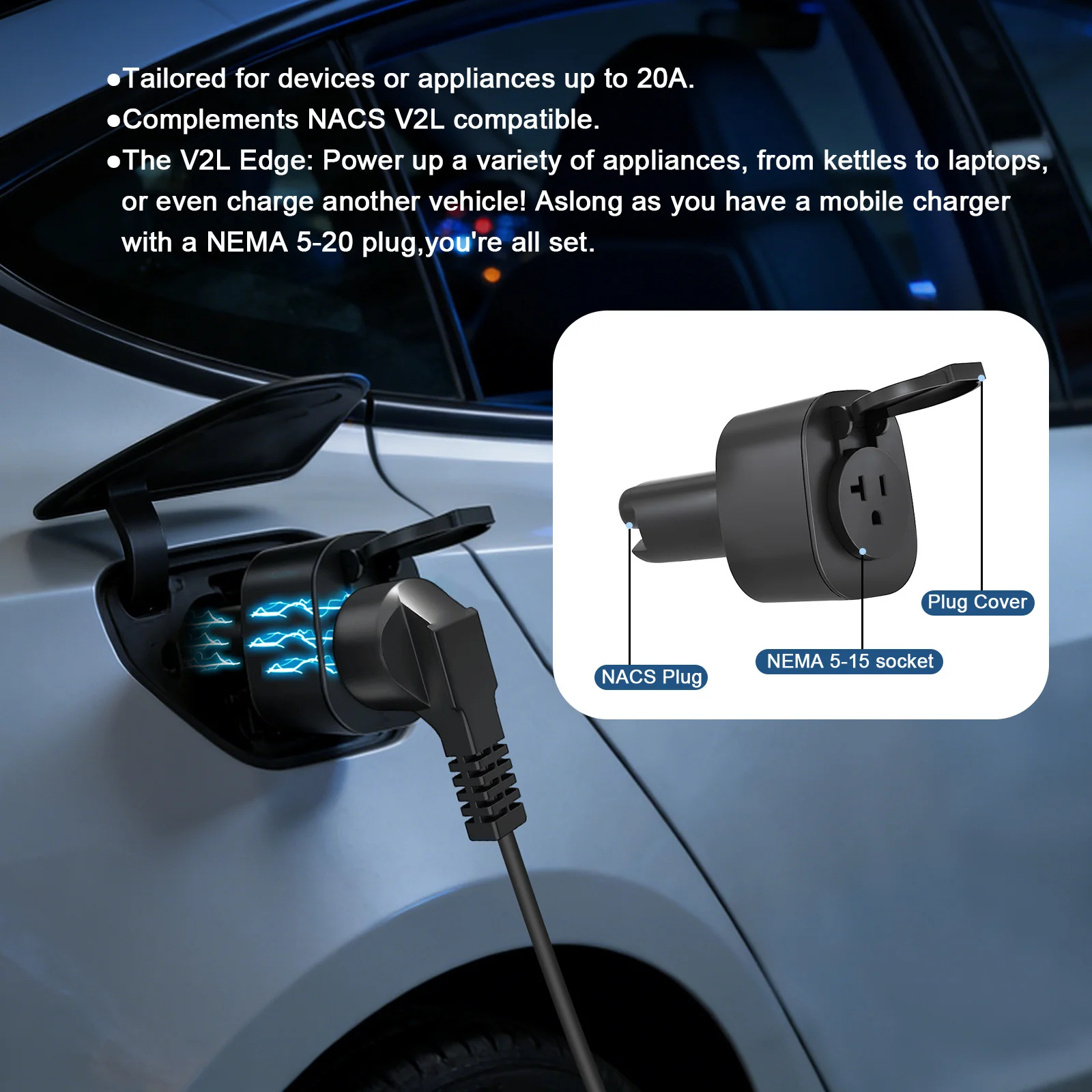 Unirise NACS V2L Discharger Adapter for Kia/Hyundai US Electric Car to NEMA 5-20 Socket LOAD Adapter Power Conversion Discharge