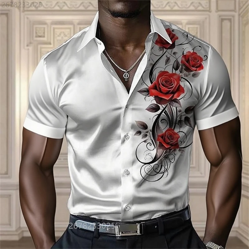 

High-end men's shirts, red flower pattern casual and comfortable short-sleeved button-down shirts, large size design XS-6XL