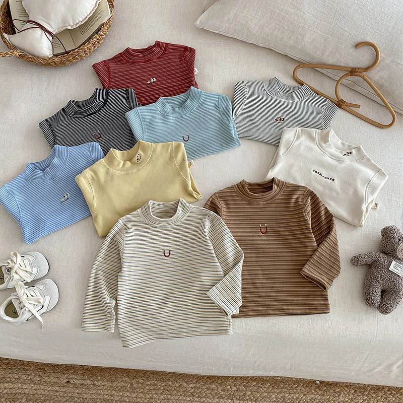 

Children's Velvet Bottom Shirt 2025 New Winter Girls' Embroidered Cartoon Bottom Shirt Boys' Striped Winter Interior