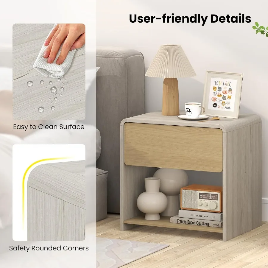 Mesita de noche moderna con cajón, juego de 2 mesitas de noche de madera con estante abierto de almacenamiento, mesa auxiliar decorativa para espacios pequeños, diseño curvo