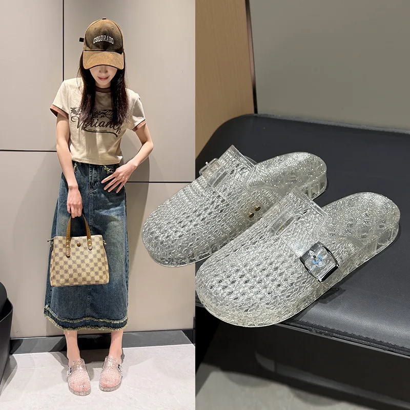Women's Flat Transparent Baotoe Slippers Summer Hollow Out Slippers Adult Girls Non-slip Woven Half Slipper Female view 6