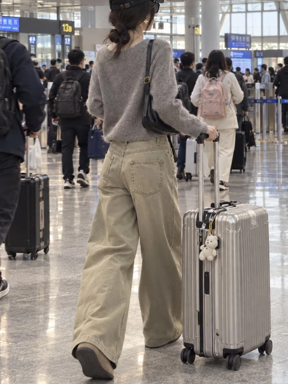 High Waist Wide Leg Khaki Denim Pants Women's American Retro Long Drapey Floor-Length Loose Fit Trousers