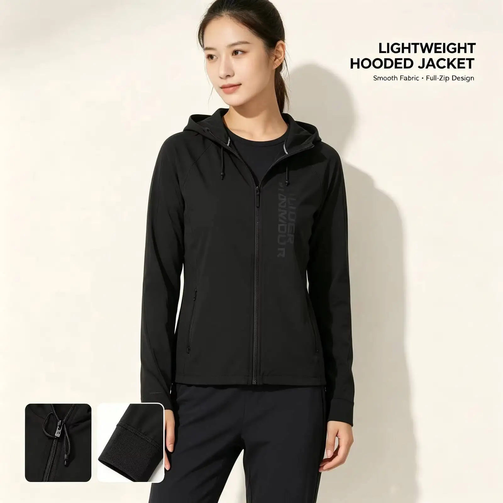 New Underarmour Lightweight Black Hooded Jacket for Women Men Smooth Fabric Full-Zip Up Hoodie Relaxed Fit Casual Outdoor Street