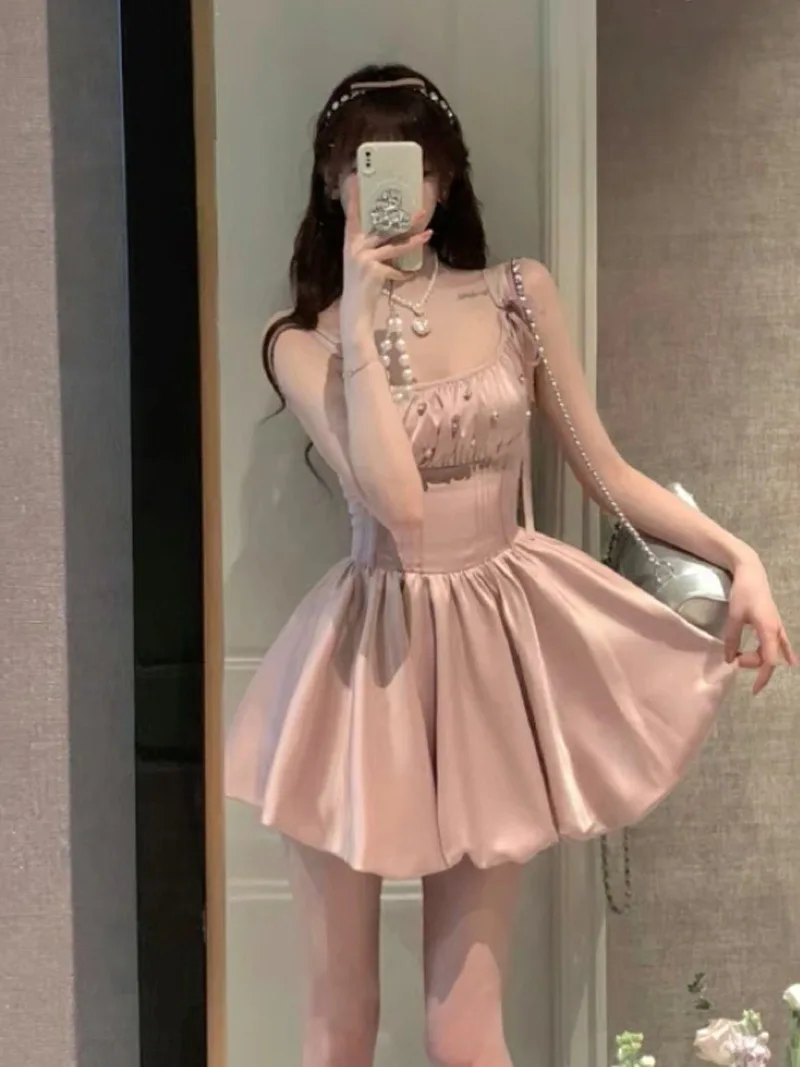 

French Elegant Beaded Decoration Pink Bow Suspenders Dress Summer New Women's Slim Fit Waist Temperament Fairy Dresses