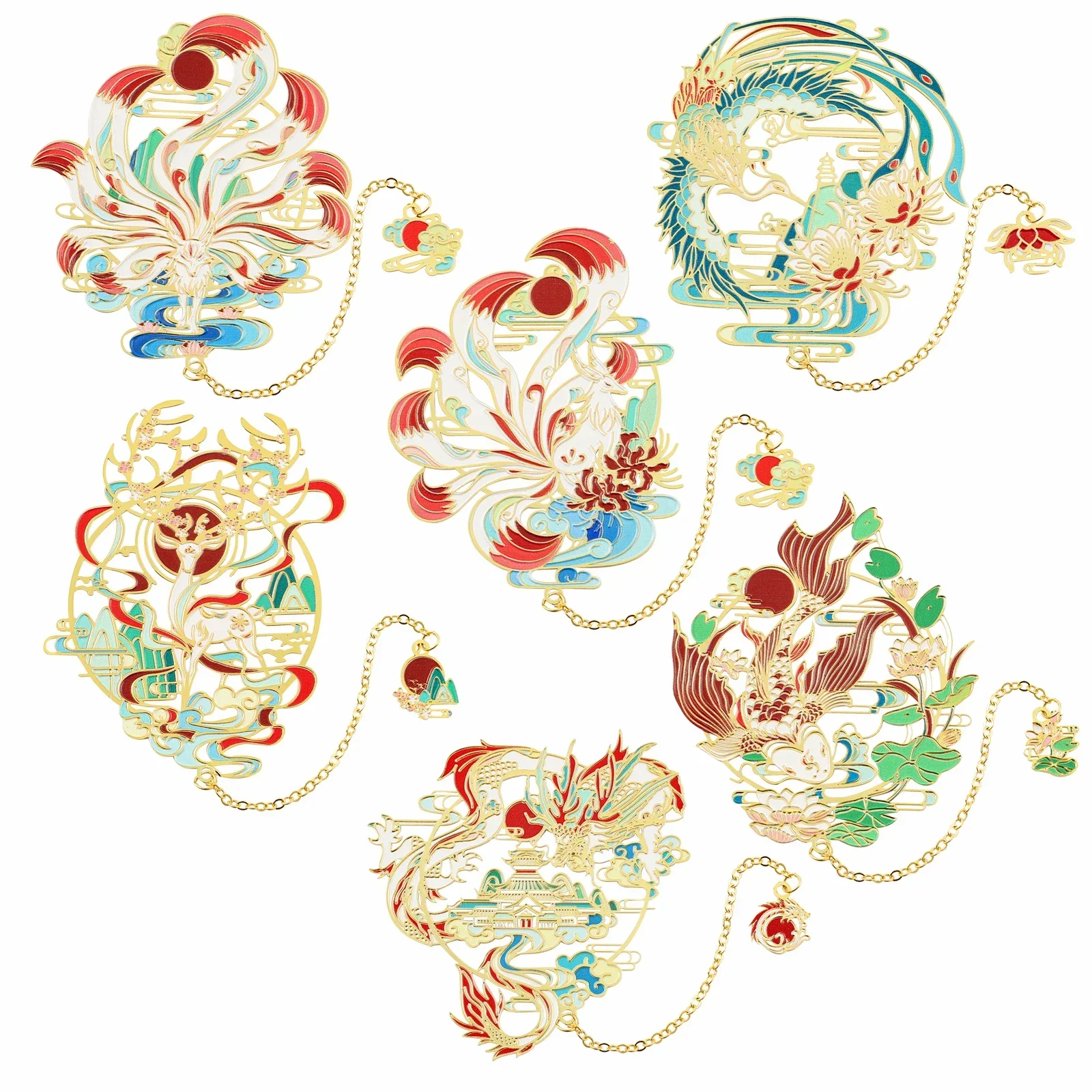 Marcapáginas de animales auspiciosos de estilo chino antiguo, espíritus mágicos, zorro de nueve colas, pez Koi, dragón Fénix, marcapáginas de acero inoxidable