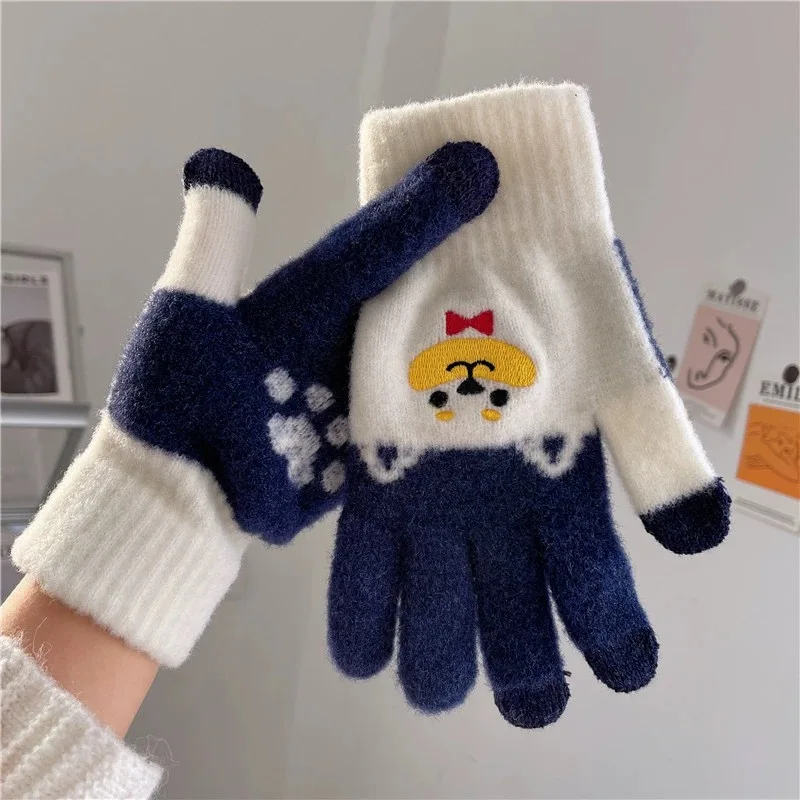 

Female Cute Cartoon Dog Fluffy Gloves Touchscreen Autumn Winter Warm Women's Full Finger Guantes Wool Soft Knitted Mittens