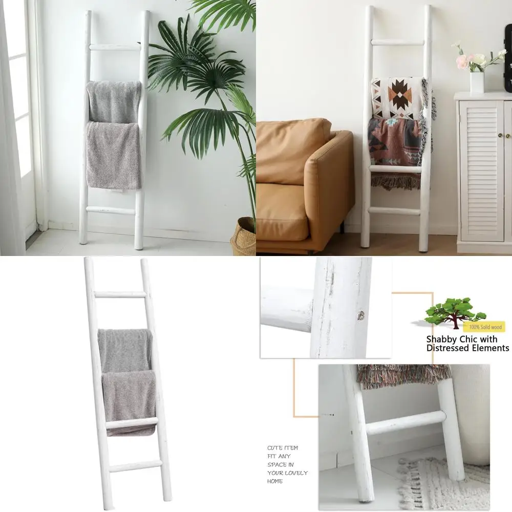 

White Wooden Ladder for Living Room, Wall-Mounted Quilt Display and Towel Rack, Rustic Style