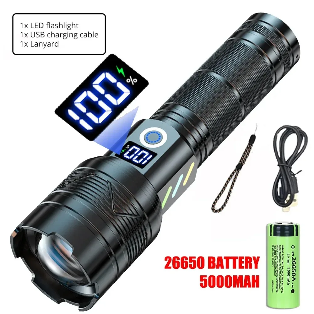 USB Rechargeable 10000LM LED Flashlight Super Bright Power Display Telescopic Zoom Torch for Outdoor Hiking Emergency Lighting