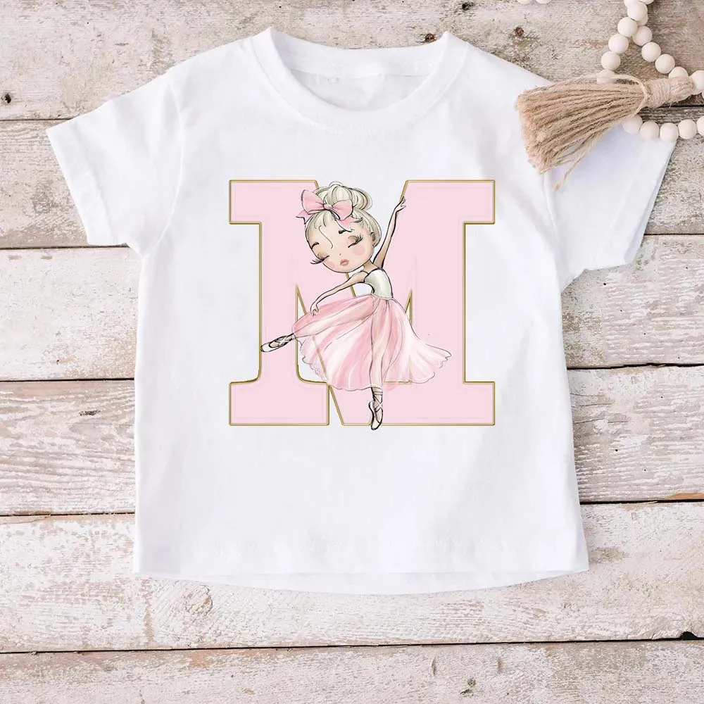 Letter Combination Children Clothes Cartoon Ballerina Girls Font A B C D E F G Short Sleeve Printed Kids Tshirt