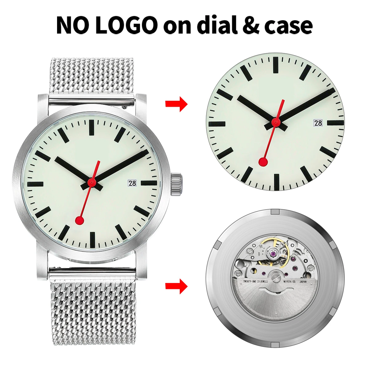 

BERNY Customizable Automatic Mechanical MIYOTA 8215 Watch Men Luminous Stainless Steel Wristwatch Waterproof Swiss Railway Watch