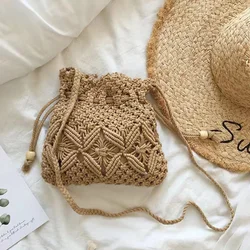 New woven forest crossbody bag cotton thread small fresh hollow bucket bag versatile vacation beach bag baby diaper bag