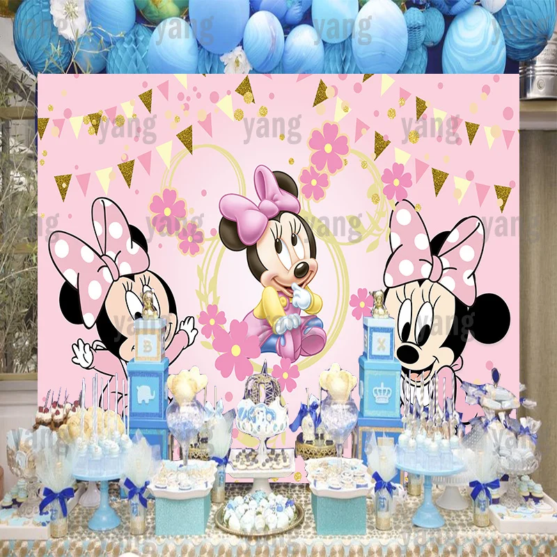 Cartoon Custom Disney Lovely Pink Baby Mickey Minnie Mouse Golden Lace Streamer Birthday Party Backdrop Photography Background