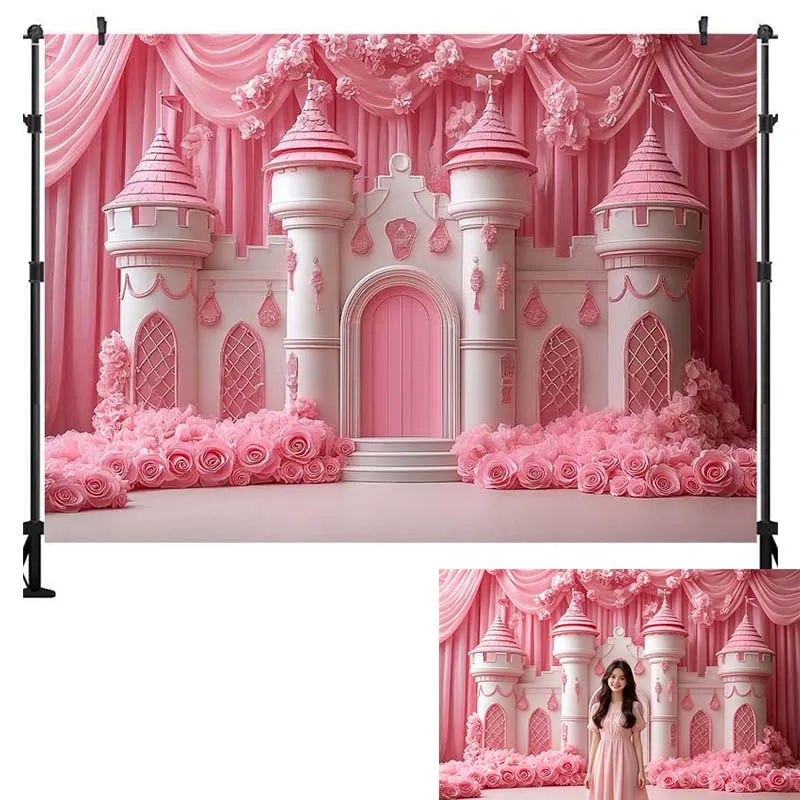 LS Photography Backdrop Pink Balloon Fairy Tale Castle Decoration Girl Princess Birthday Party Background For Photographs view 3